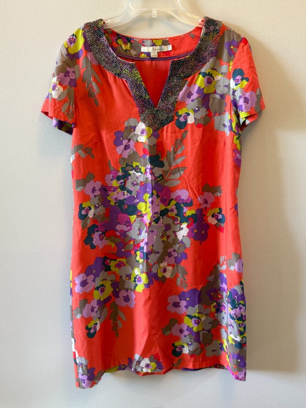 Boden Embellished Beaded Silk Floral Dress Notched Neck Cap Sleeve Size 12
